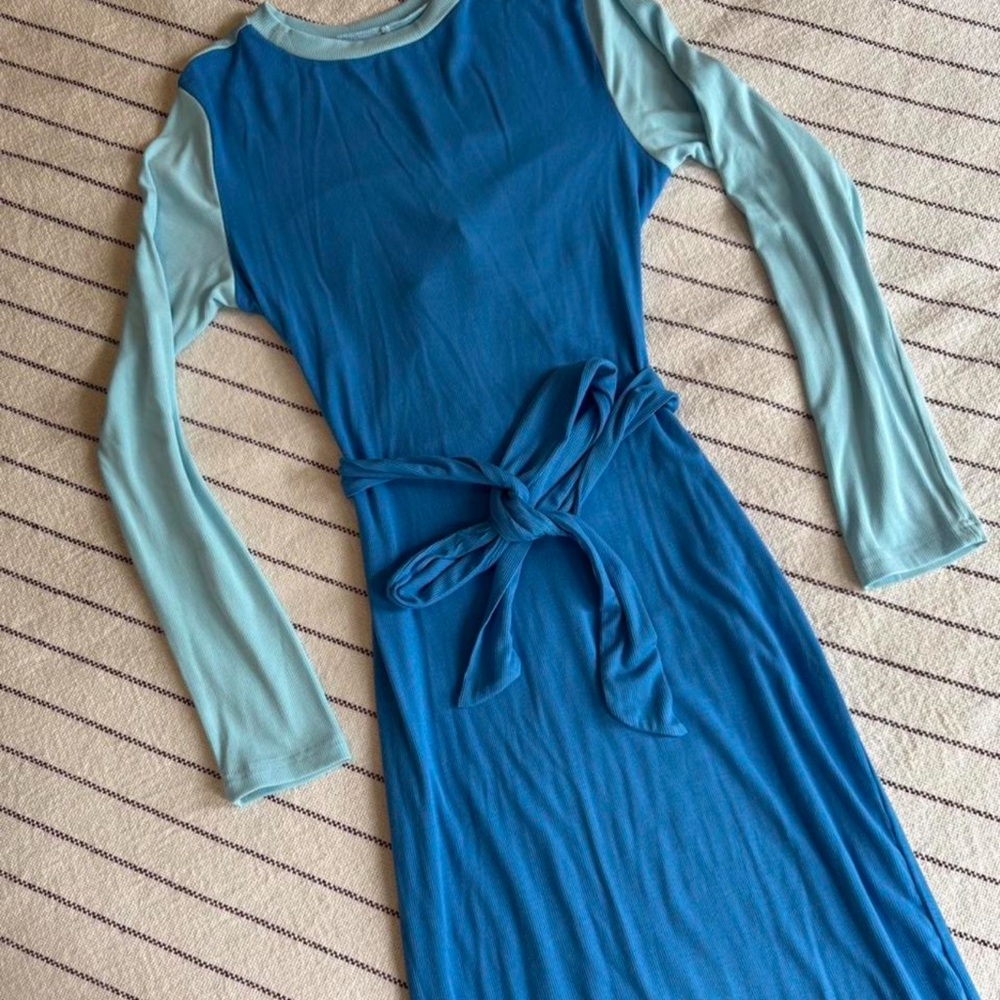 Colorblock Ribbed Bodycon Dress | Blue Maxi Long Sleeve S-L
